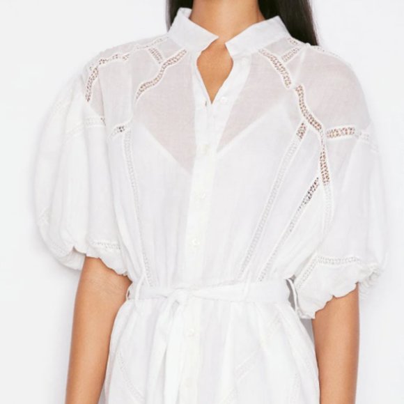 FRAME Lace Puff-Slv Ramie Shirt Dress Anthropologie Shopbop Revolve Saks Sz XS - Picture 8 of 16